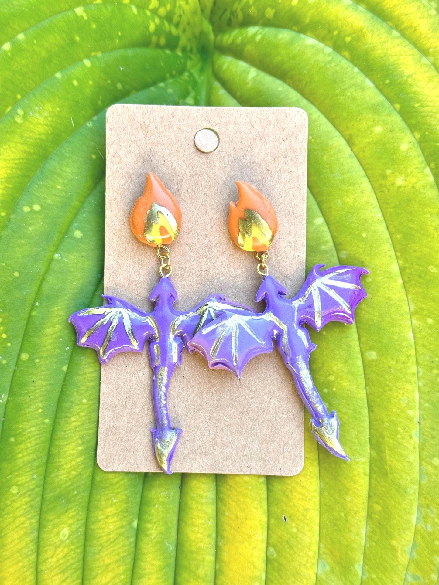 Fire Breathing Purple & Gold Dragon Dangle Earrings