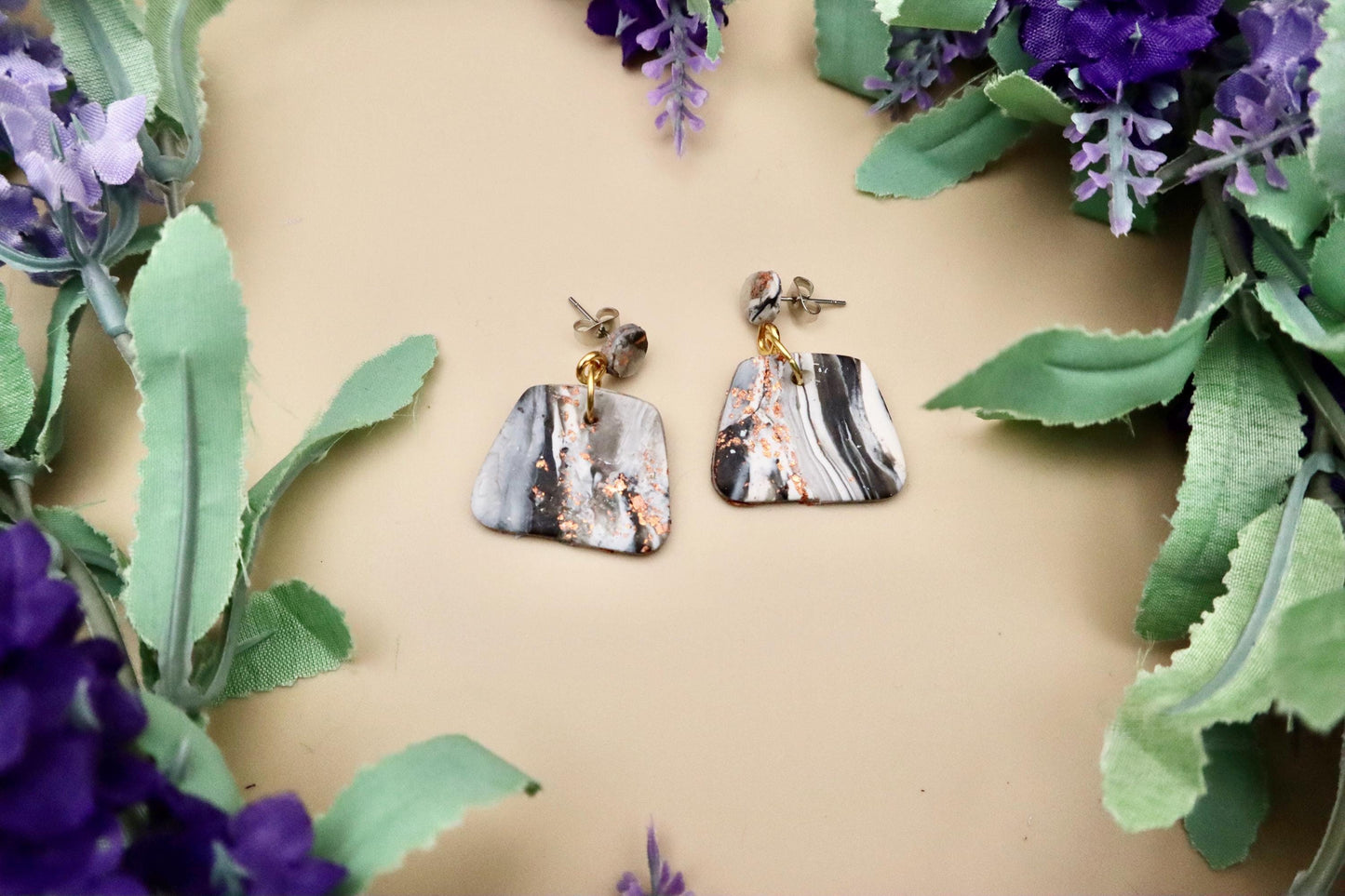 Black, White, and Rose Gold Marble Polygon Dangle Earrings | Polymer Clay