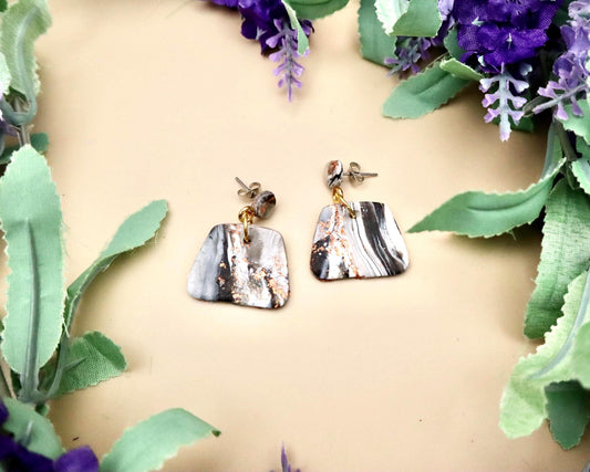Black, White, and Rose Gold Marble Polygon Dangle Earrings | Polymer Clay