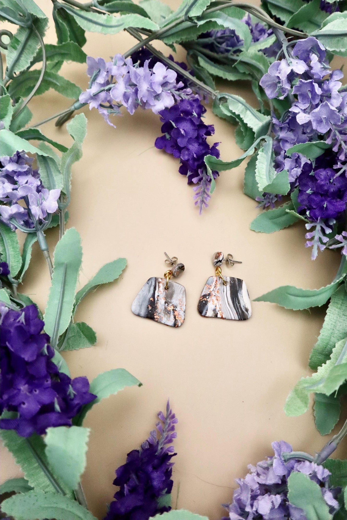 Black, White, and Rose Gold Marble Polygon Dangle Earrings | Polymer Clay