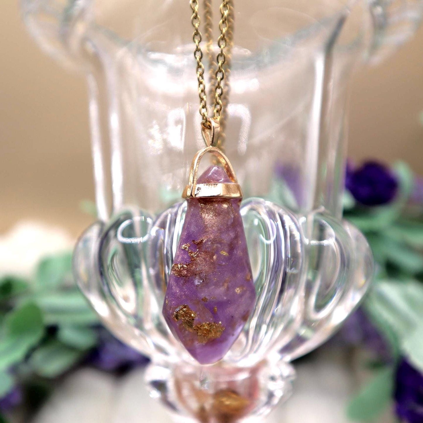 Purple and Gold Faux Crystal Pendant Necklace | Gold Plated Chain