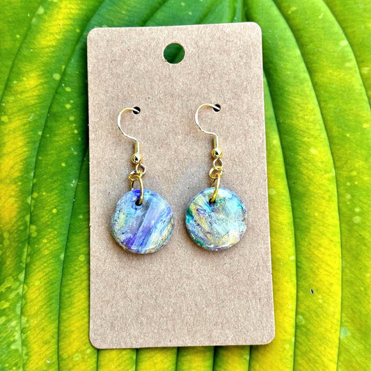 Circular Lavender Blue & Gold Marble Dangle Earrings