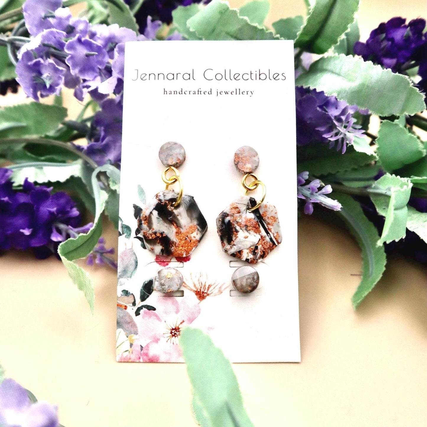 Japanese Cherry Blossom Inspired Hexagon Marble Dangle Earrings and Stud Earrings Set