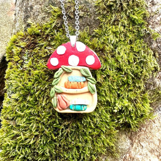 Mushroom Bookshelf Necklace • Sterling Silver Plated Pendant • Cottagecore Jewelry • Book Lover Gift • Fairycore Necklace