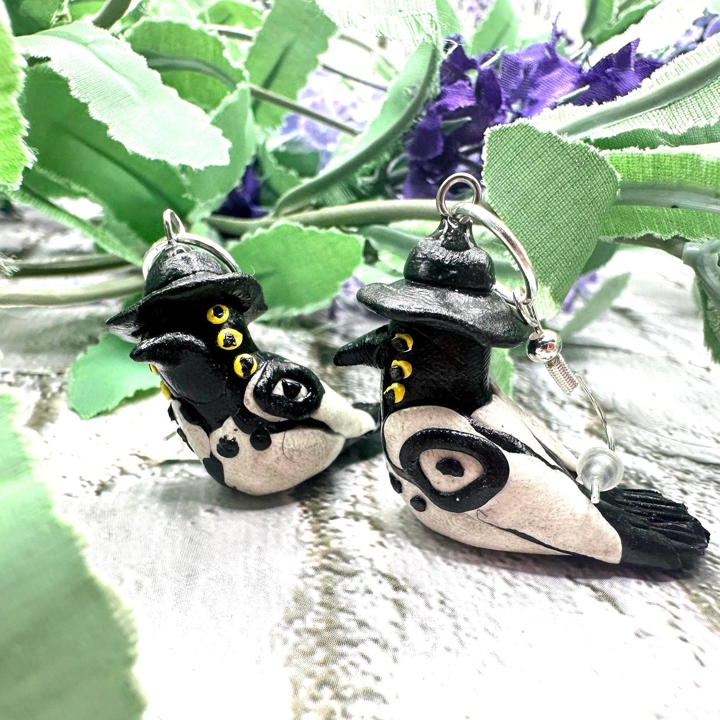 Handmade Magpie Earrings with Hat | Polymer Clay Kpop Jewelry