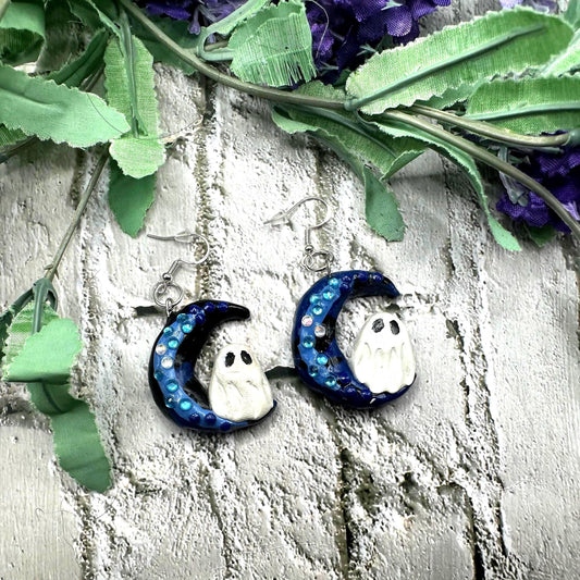 Ghost on Moon Earrings – Handmade Polymer Clay Halloween Jewelry