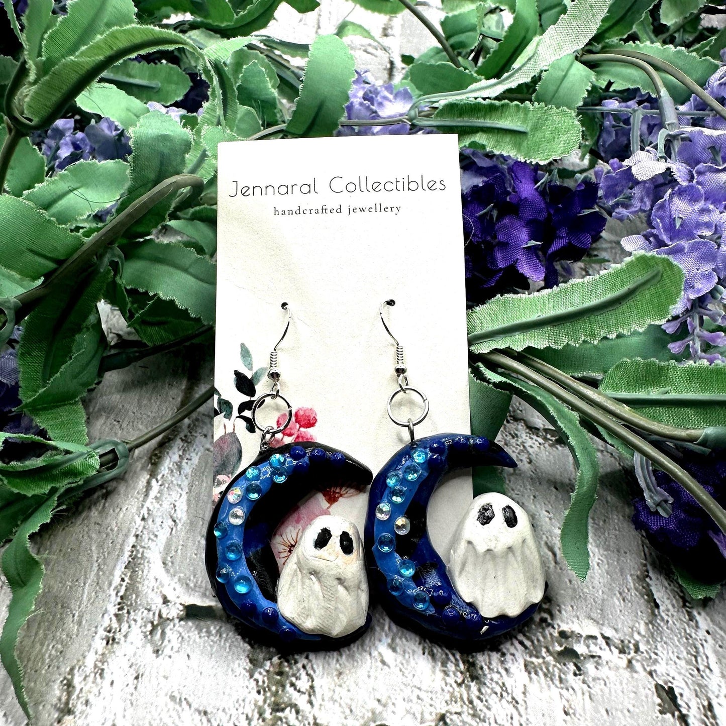 Ghost on Moon Earrings – Handmade Polymer Clay Halloween Jewelry
