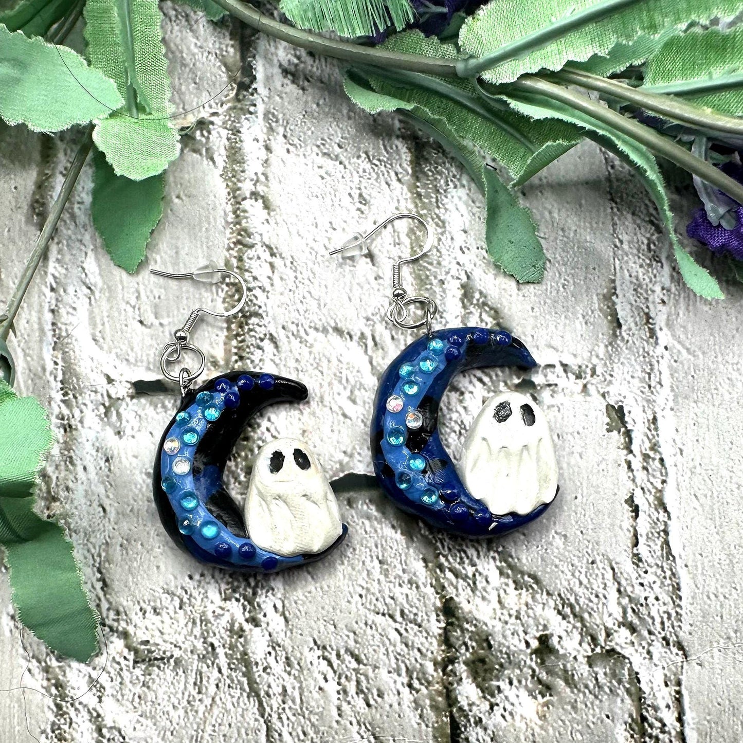 Ghost on Moon Earrings – Handmade Polymer Clay Halloween Jewelry