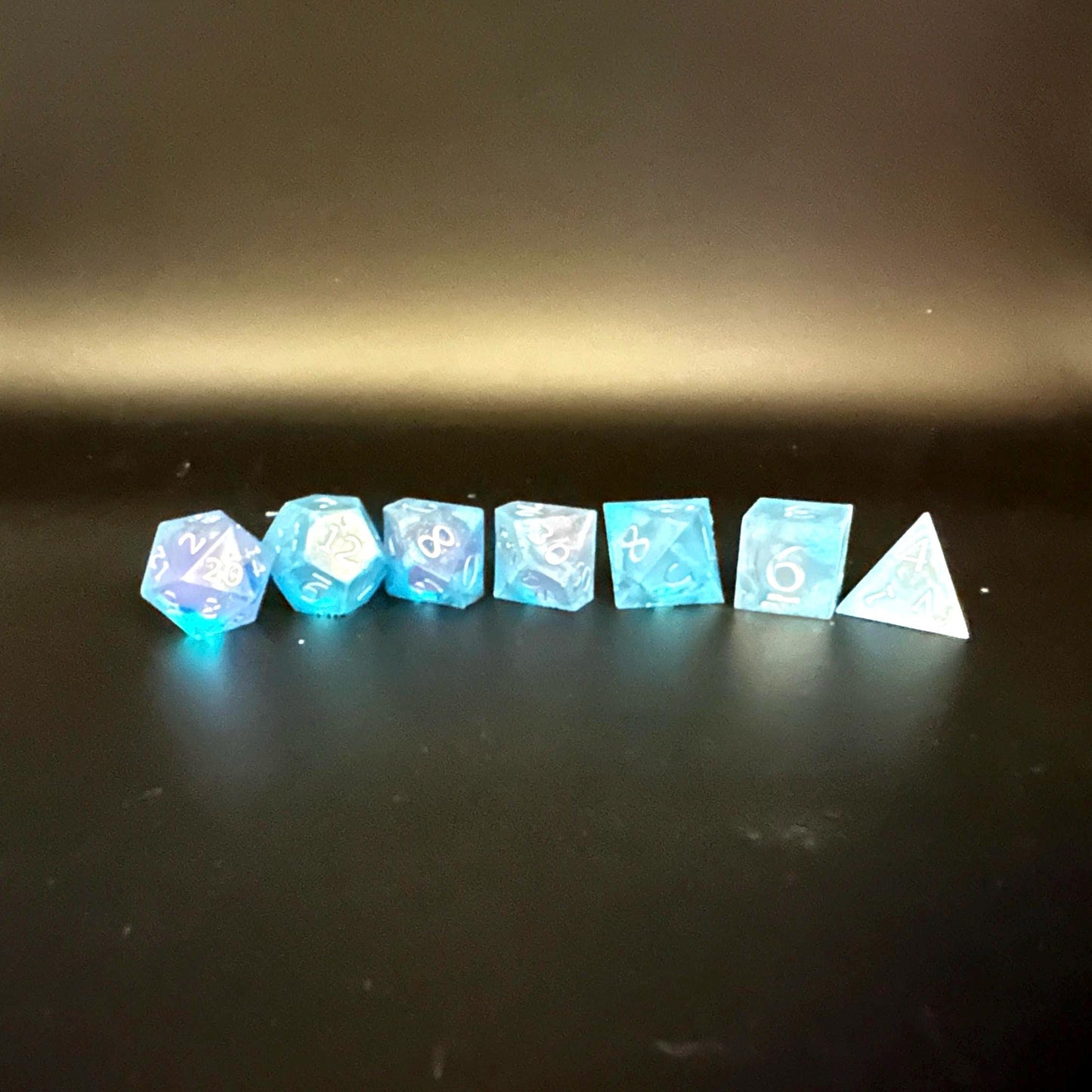 Blue UV Reactive Liquid Core Dice Set: Sharp Edge Polyhedral DnD Dice