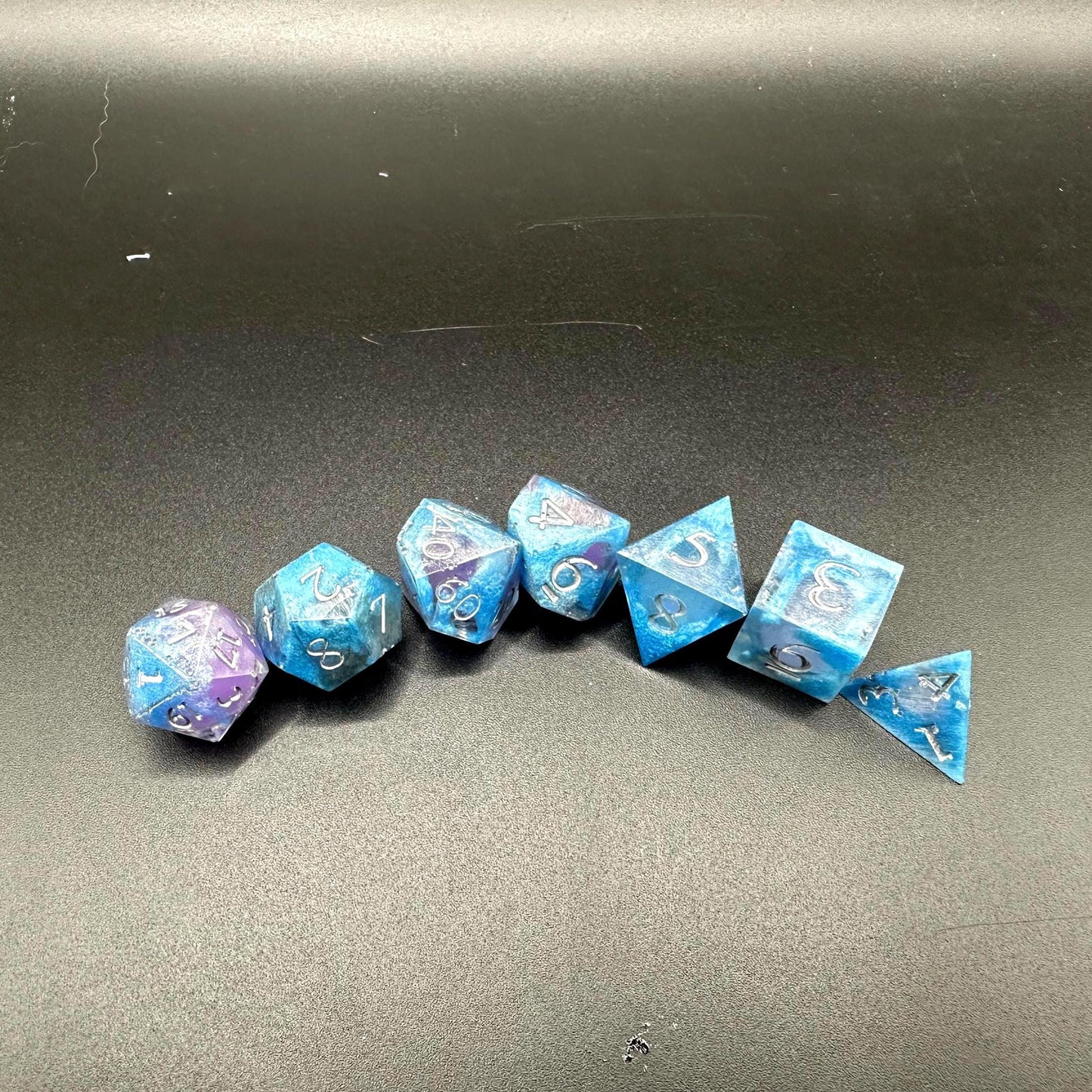 Blue UV Reactive Liquid Core Dice Set: Sharp Edge Polyhedral DnD Dice