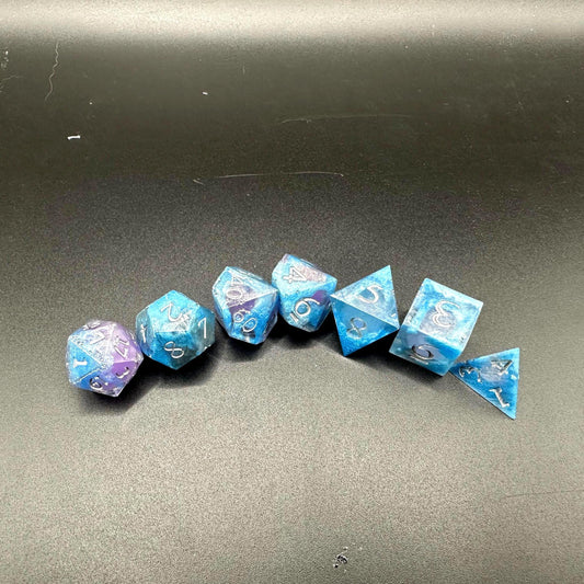 Blue UV Reactive Liquid Core Dice Set: Sharp Edge Polyhedral DnD Dice