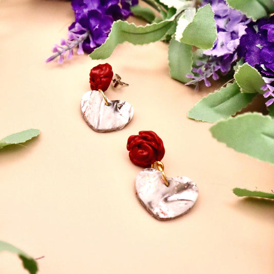 Red Rose and Rose Gold Marble Heart Dangle Earrings | Polymer Clay