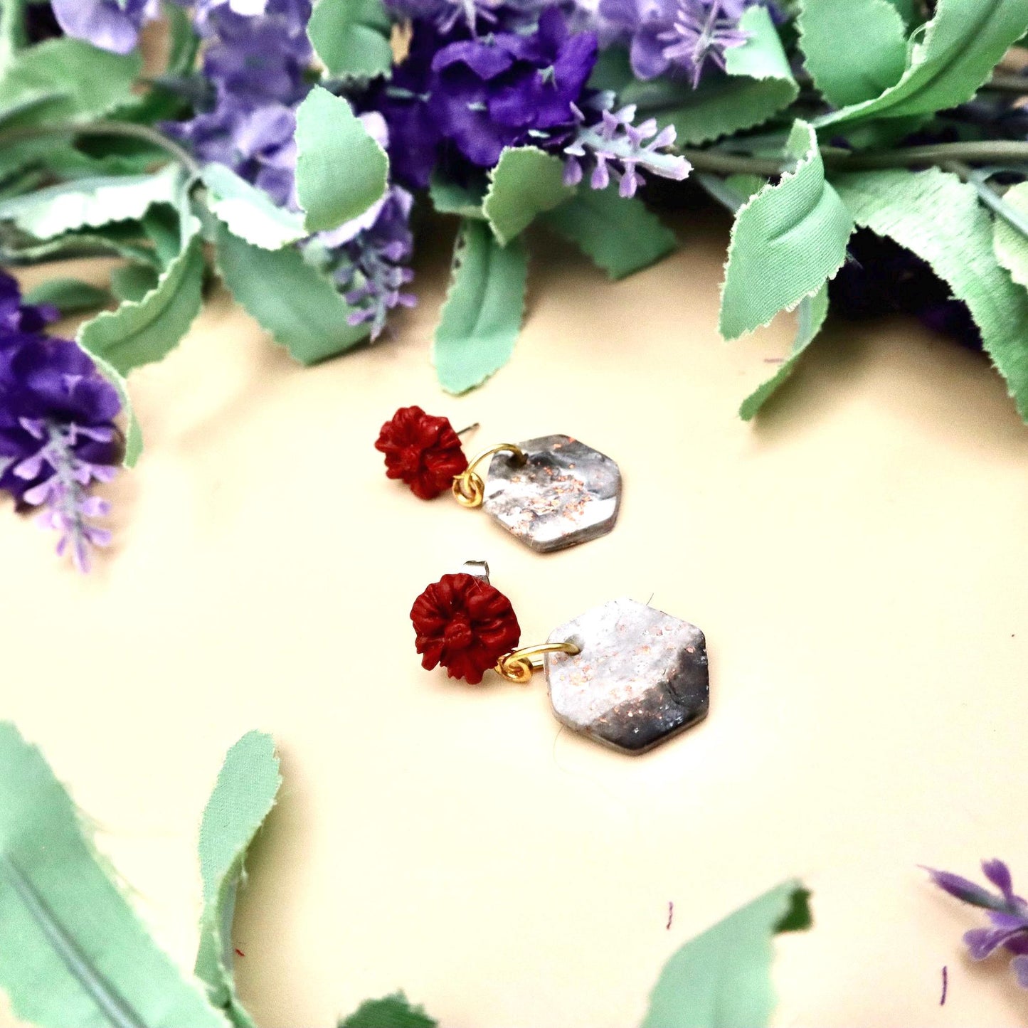Red Rose and Rose Gold Marble Hexagon Dangle Earrings | Polymer Clay