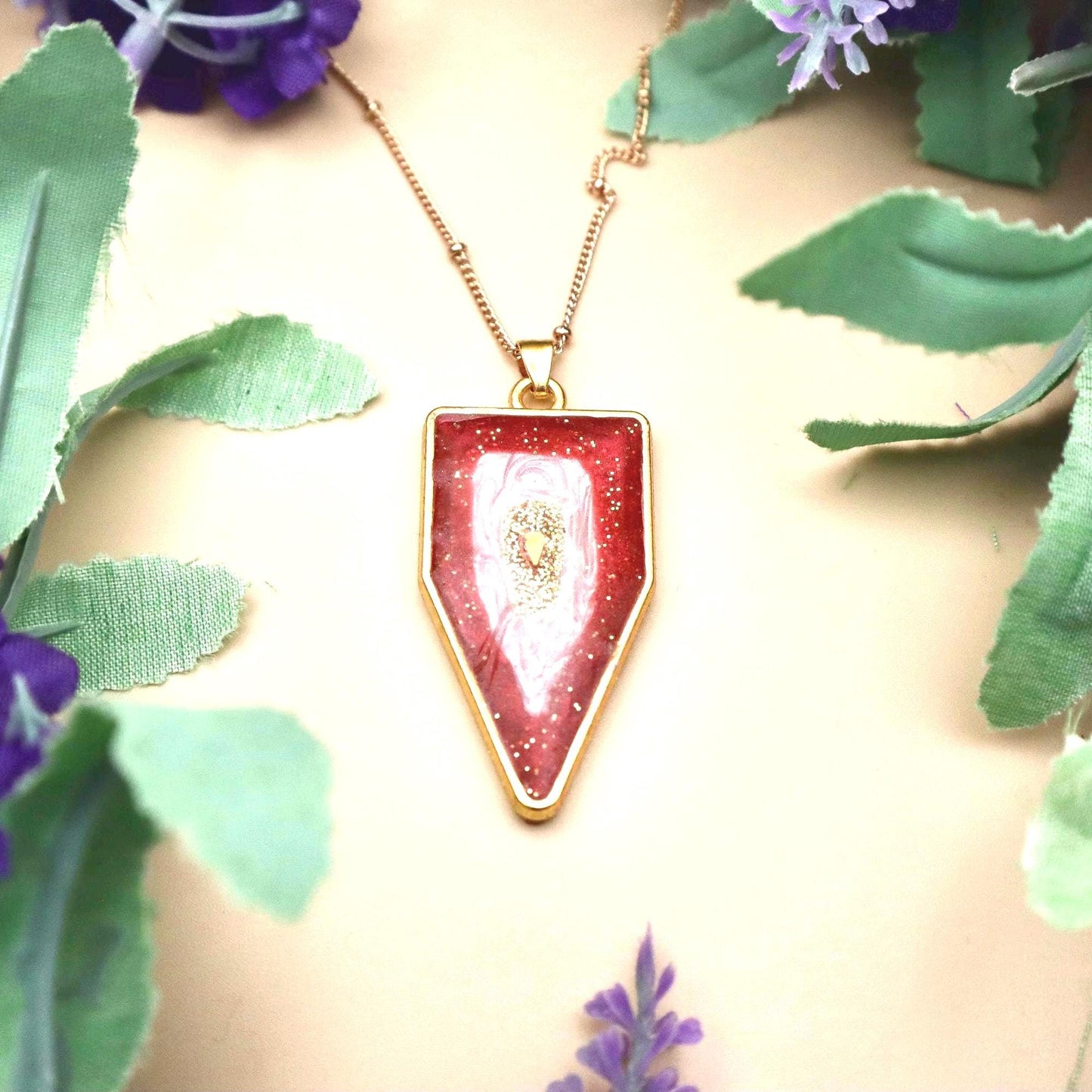 Pink and Red Geode Pendant Necklace | Gold Plated Chain
