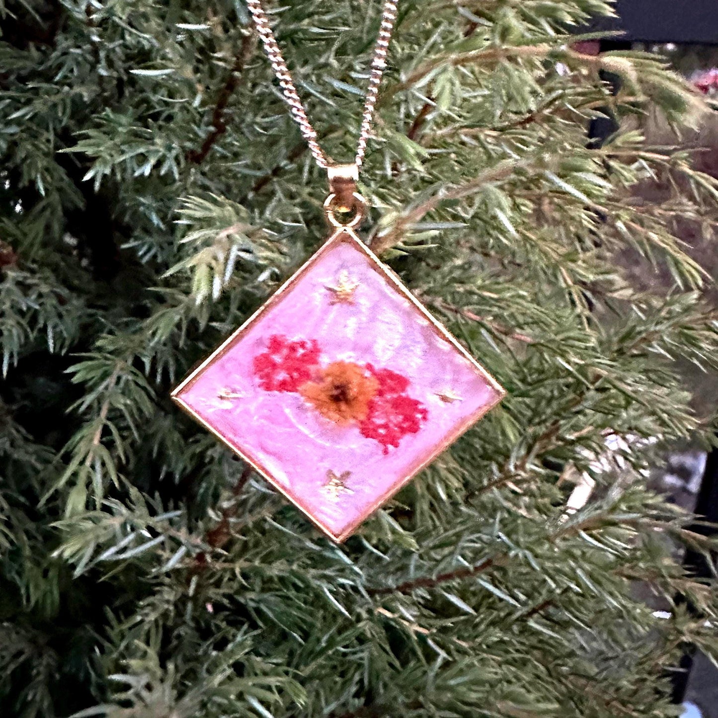 Pink and Gold Floral Pendant Necklace | Gold Plated Chain