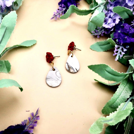Red Rose and Marble Teardrop Dangle Earrings | Polymer Clay