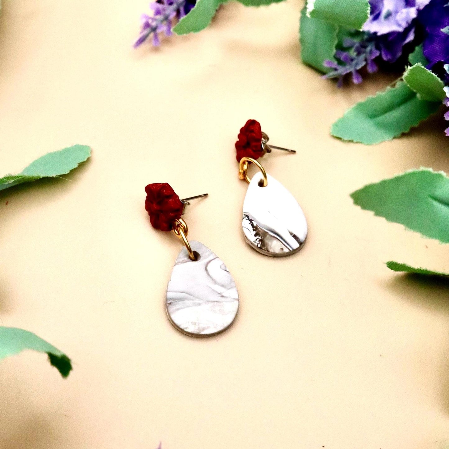 Red Rose and Marble Teardrop Dangle Earrings | Polymer Clay