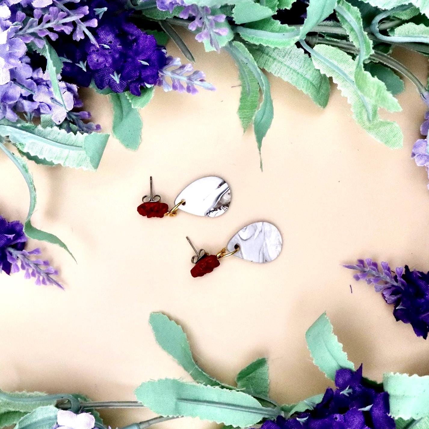 Red Rose and Marble Teardrop Dangle Earrings | Polymer Clay