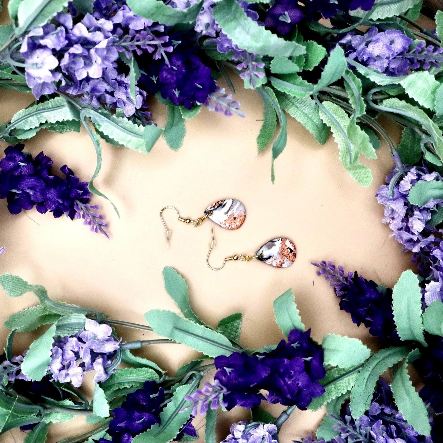 Japanese Cherry Blossom Inspired Marble Teardrop Dangle Earrings