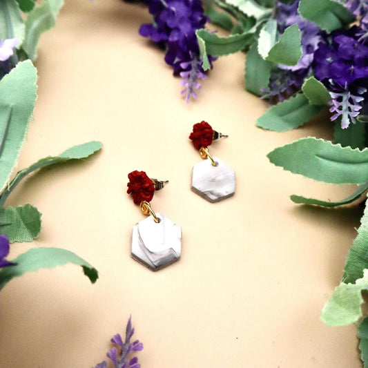 Red Rose and Marble Hexagon Dangle Earrings | Polymer Clay