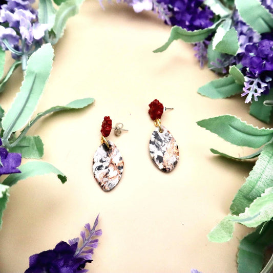 Red Rose and Rose Gold Marble Oval Dangle Earrings | Polymer Clay