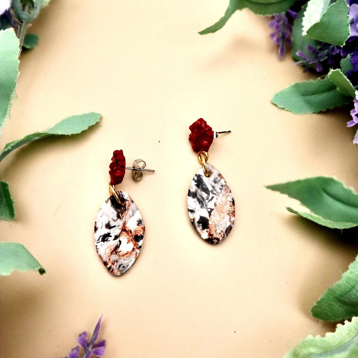 Red Rose and Rose Gold Marble Oval Dangle Earrings | Polymer Clay