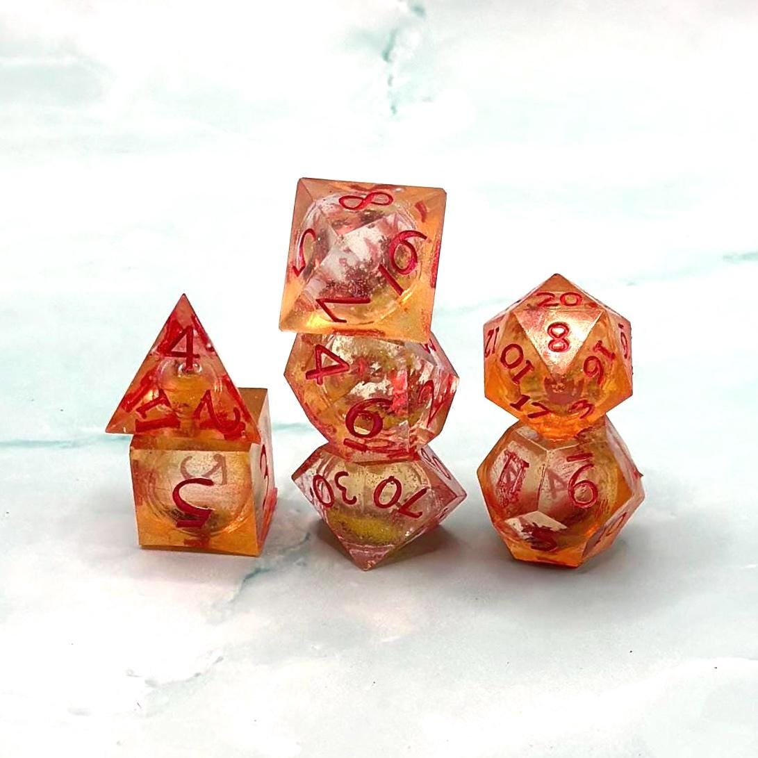 Orange Fall Foliage Liquid Core Dice Set: Sharp Edge Polyhedral DnD Dice