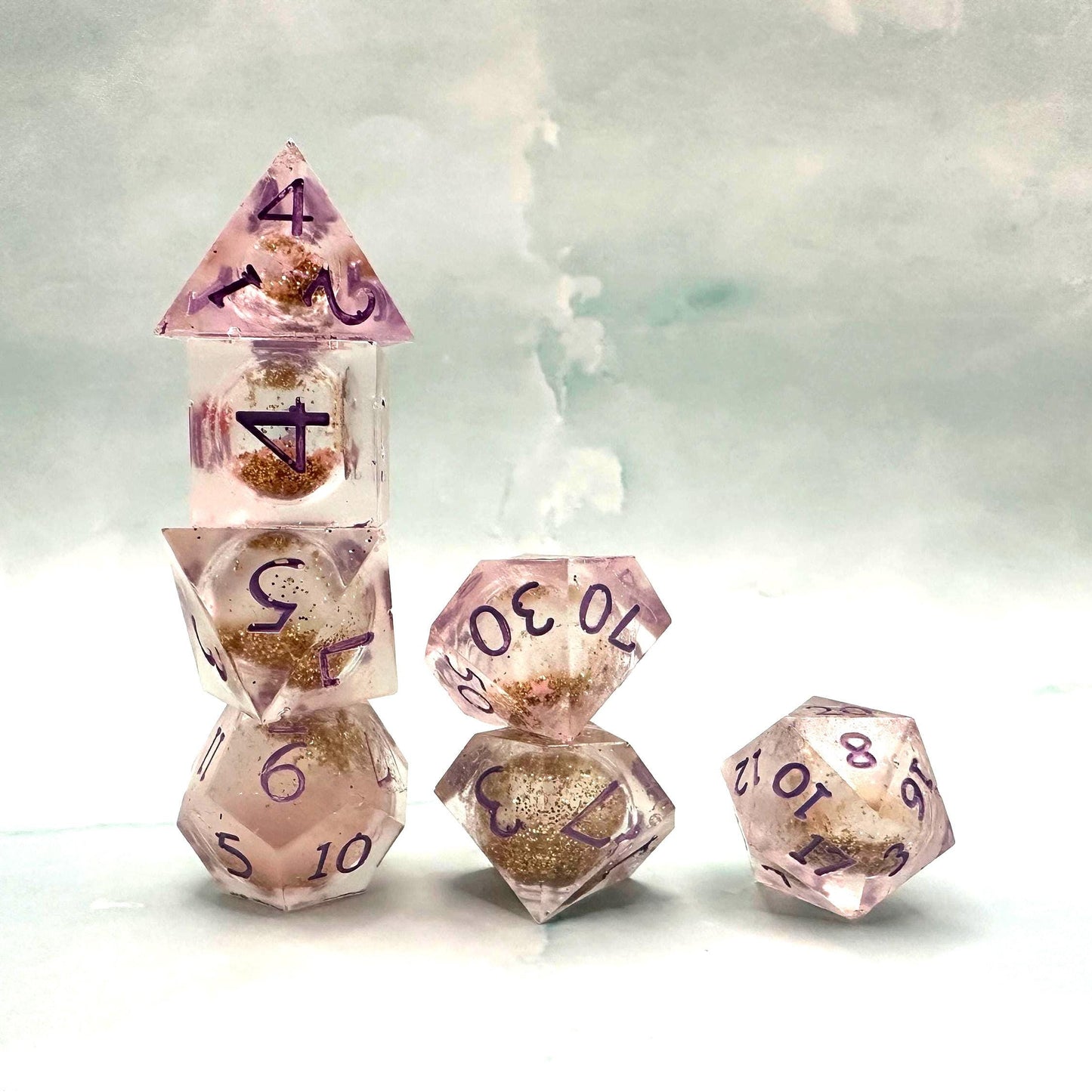 Handmade Light Purple and Gold Glitter Liquid Core DnD Dice Set