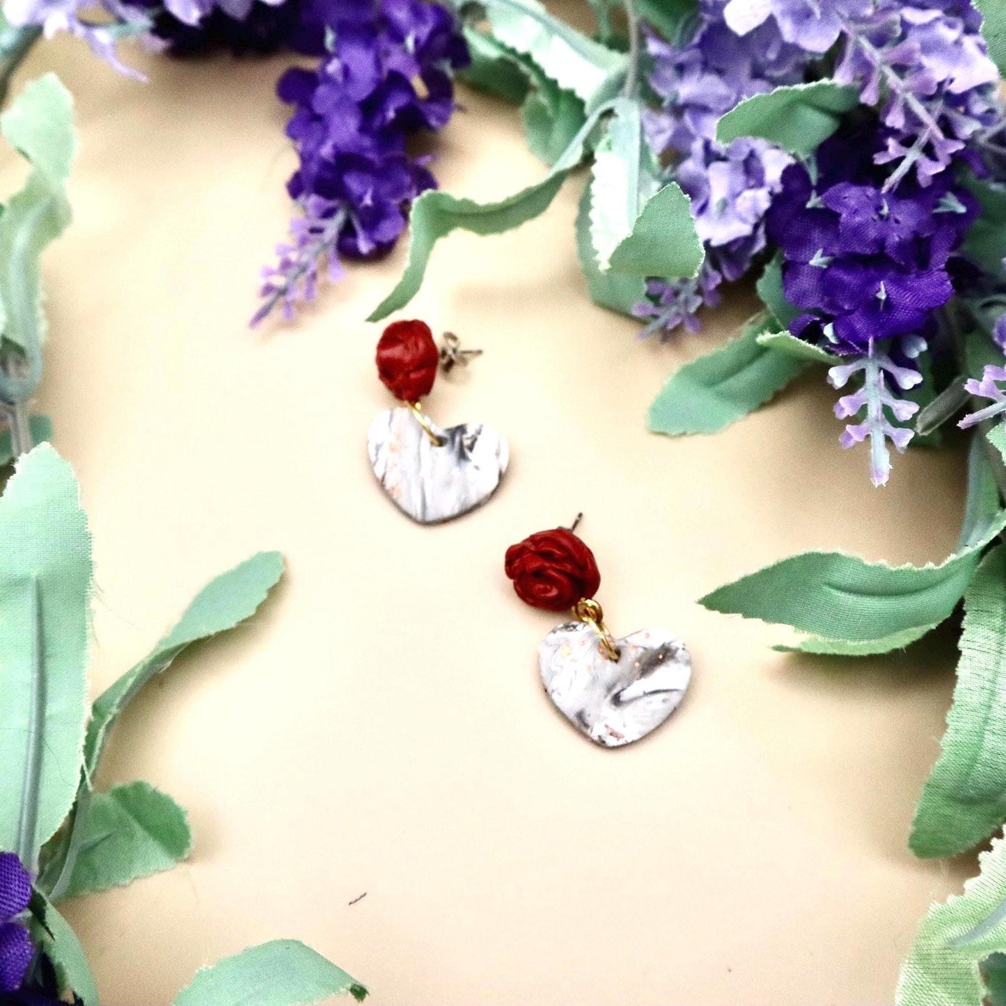 Red Rose and Rose Gold Marble Heart Dangle Earrings | Polymer Clay