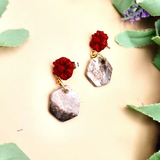 Red Rose and Rose Gold Marble Hexagon Dangle Earrings | Polymer Clay