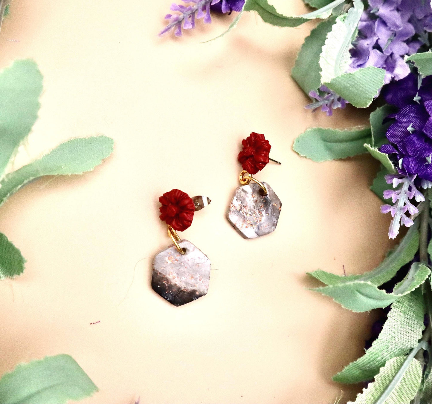 Red Rose and Rose Gold Marble Hexagon Dangle Earrings | Polymer Clay