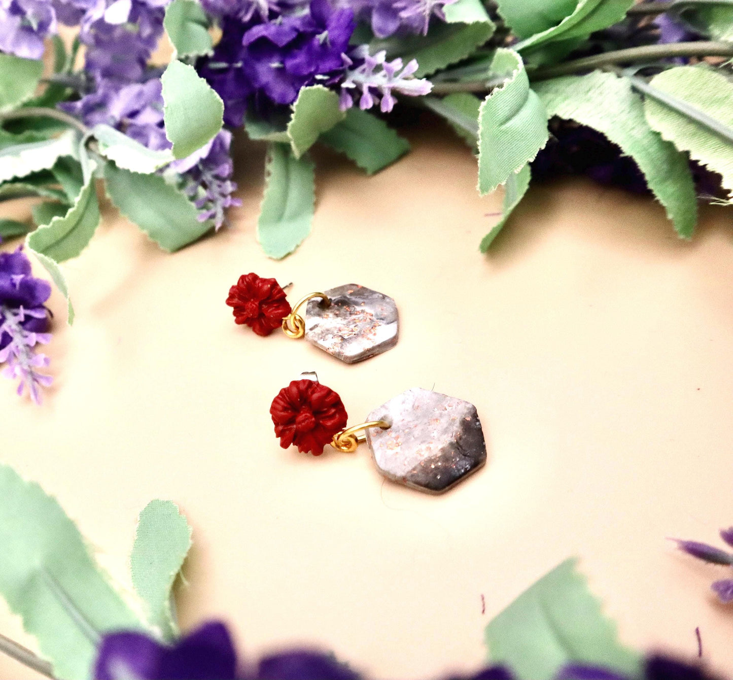 Red Rose and Rose Gold Marble Hexagon Dangle Earrings | Polymer Clay