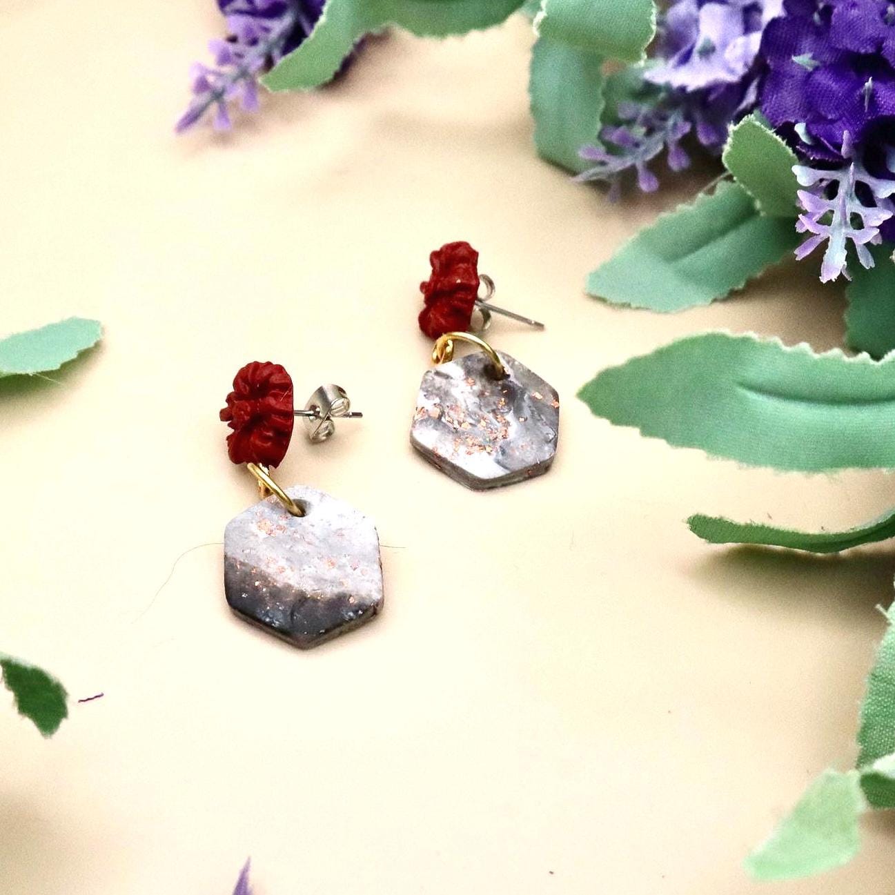 Red Rose and Rose Gold Marble Hexagon Dangle Earrings | Polymer Clay