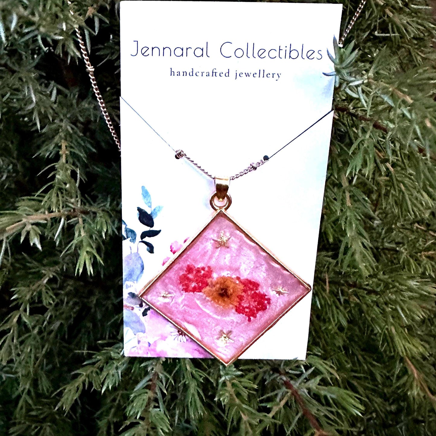 Pink and Gold Floral Pendant Necklace | Gold Plated Chain