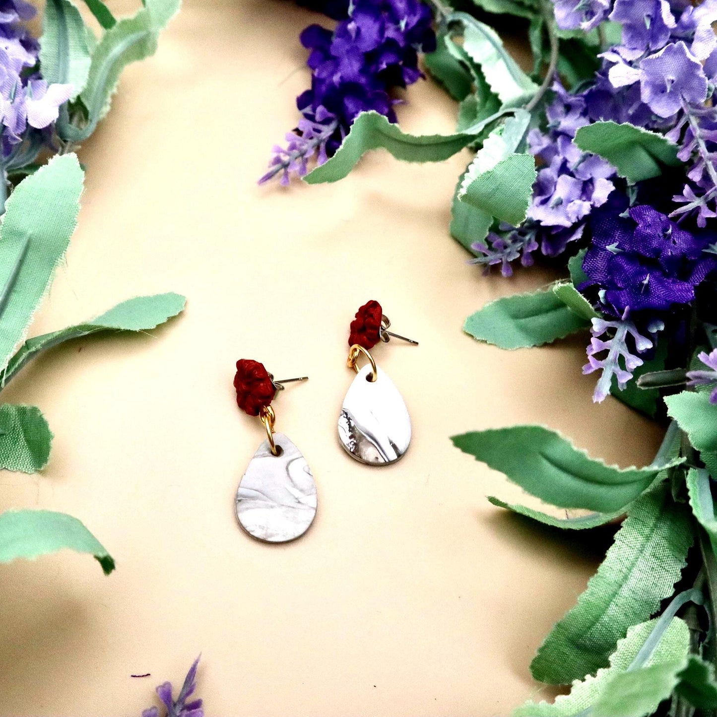 Red Rose and Marble Teardrop Dangle Earrings | Polymer Clay