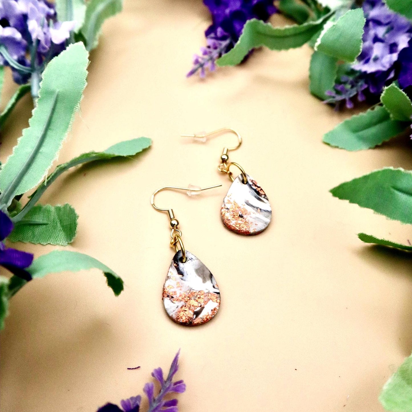 Japanese Cherry Blossom Inspired Marble Teardrop Dangle Earrings