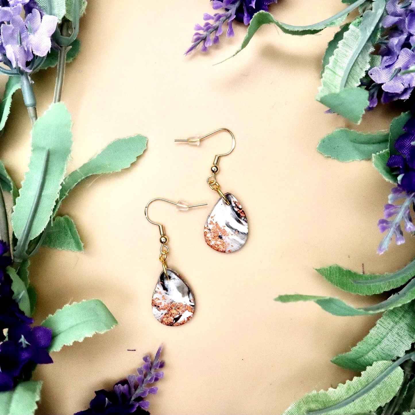 Japanese Cherry Blossom Inspired Marble Teardrop Dangle Earrings