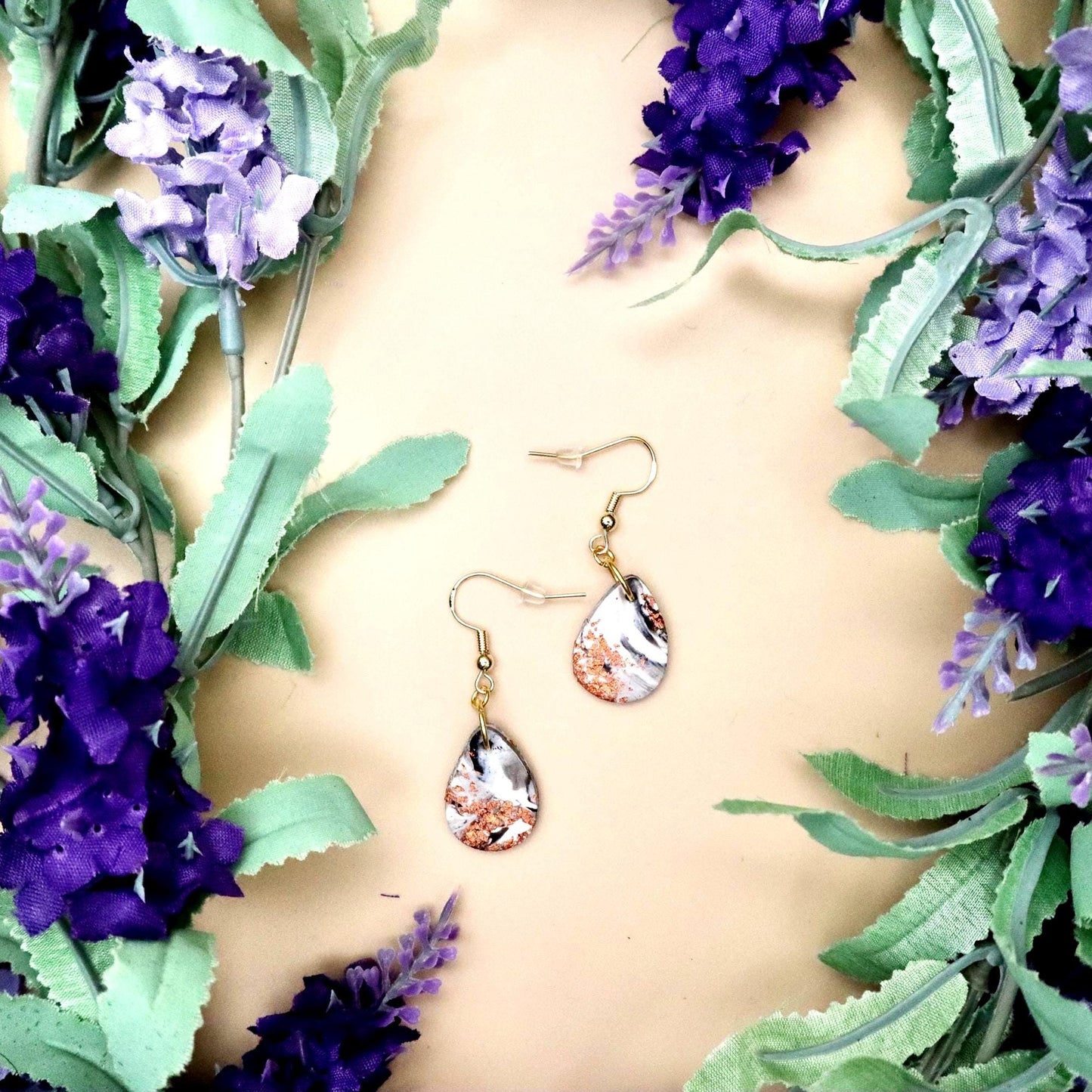 Japanese Cherry Blossom Inspired Marble Teardrop Dangle Earrings