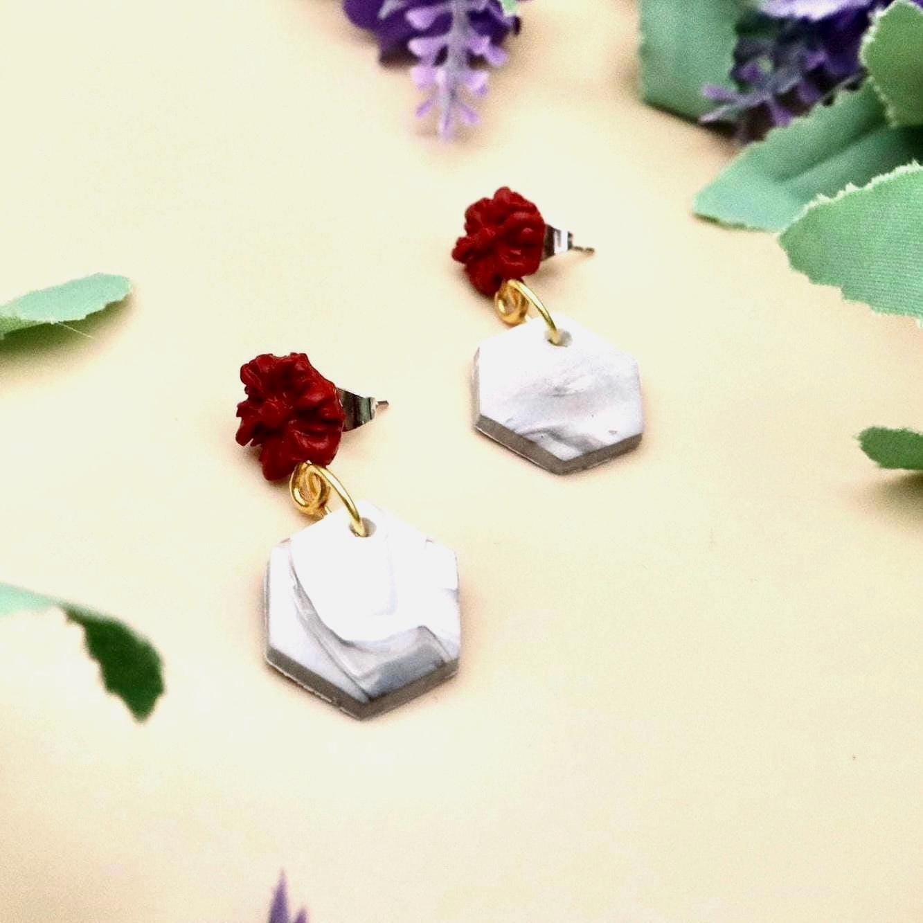 Red Rose and Marble Hexagon Dangle Earrings | Polymer Clay