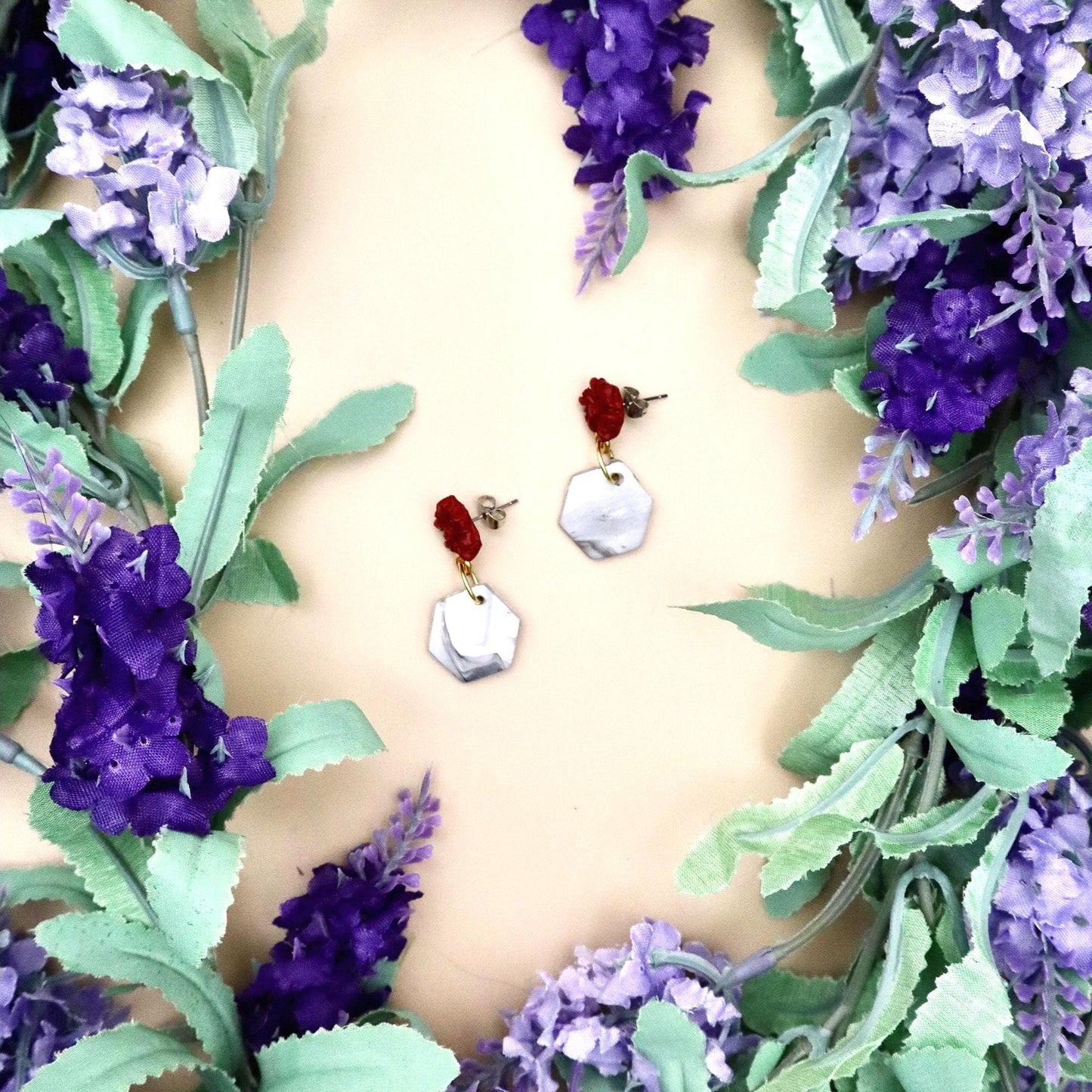 Red Rose and Marble Hexagon Dangle Earrings | Polymer Clay