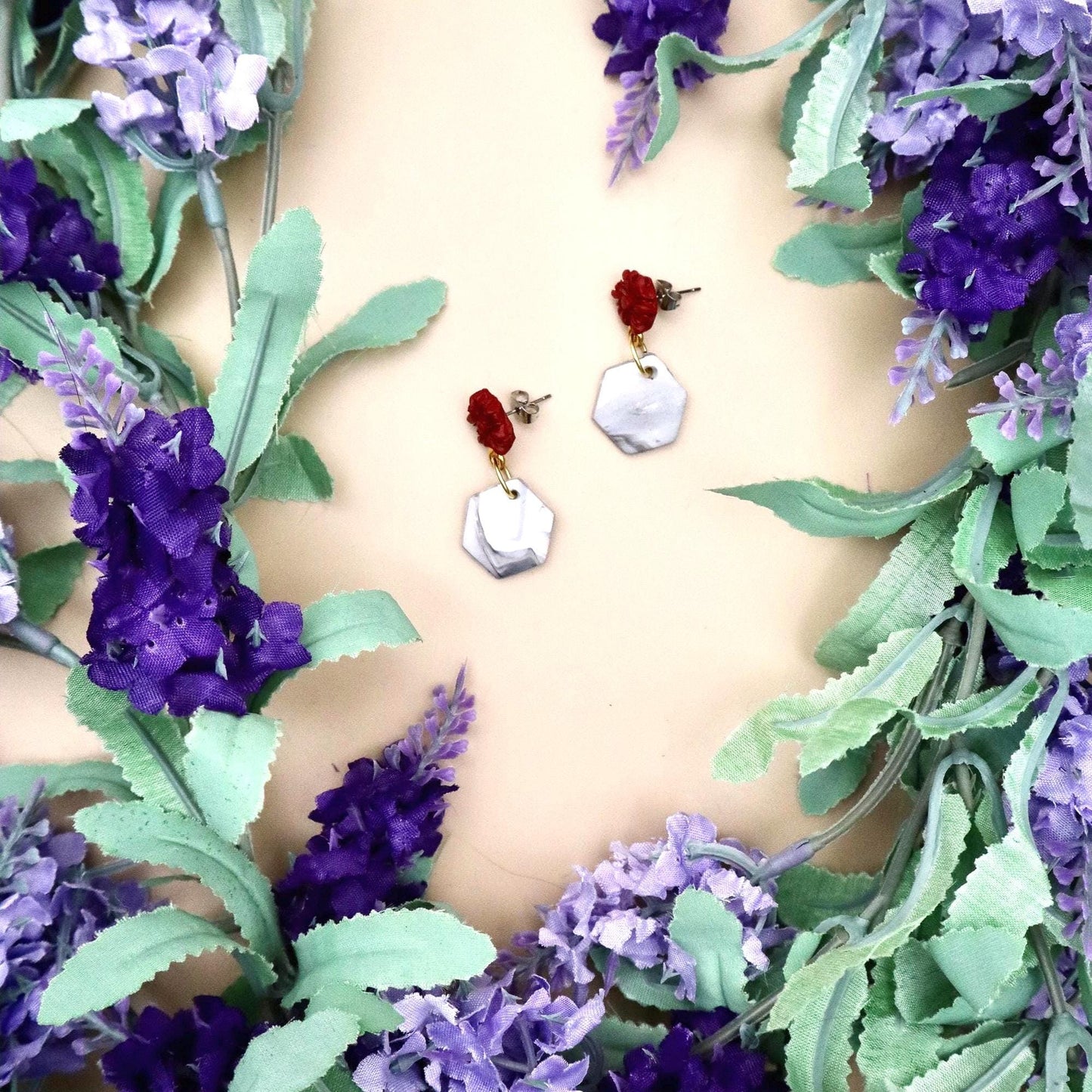 Red Rose and Marble Hexagon Dangle Earrings | Polymer Clay