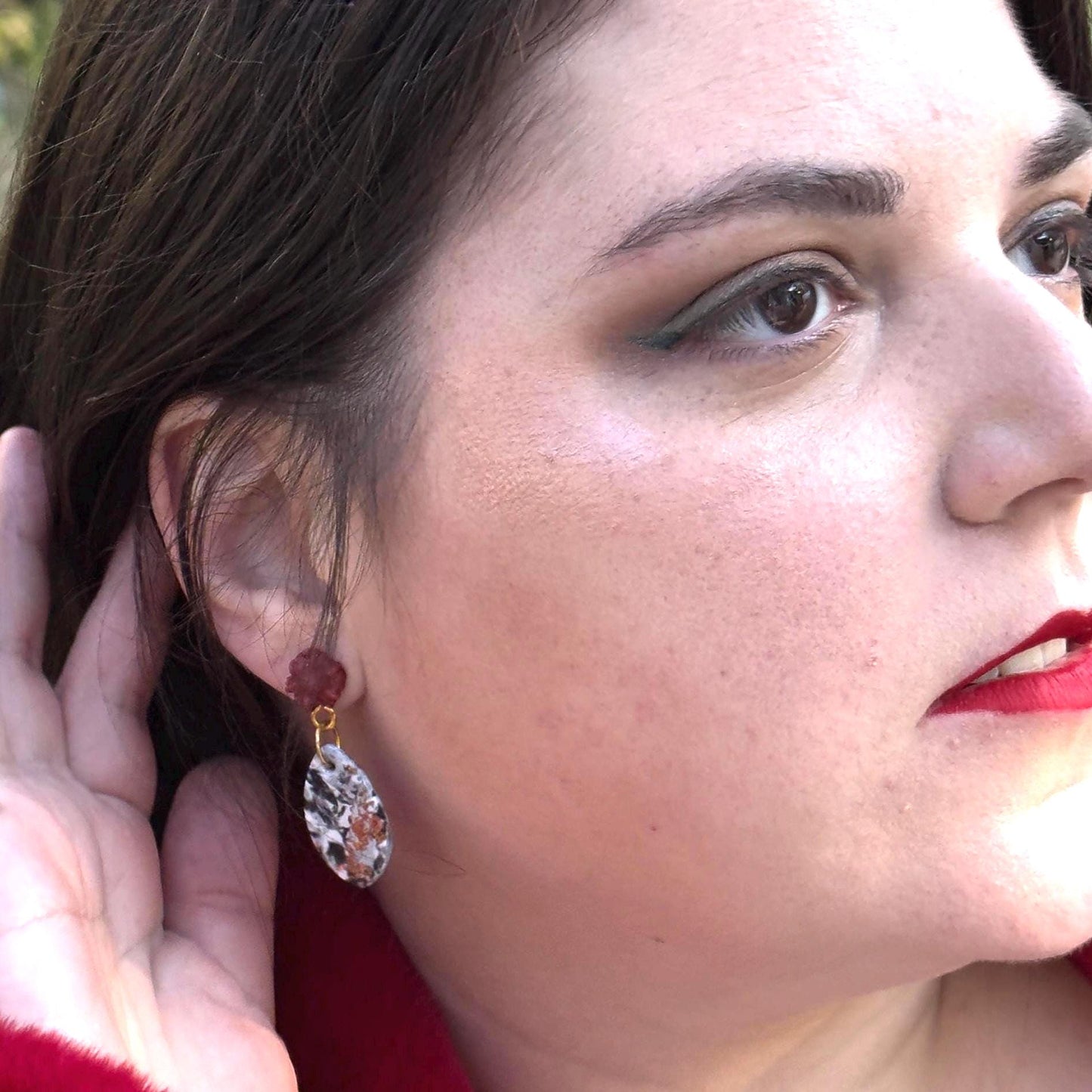 Red Rose and Rose Gold Marble Oval Dangle Earrings | Polymer Clay