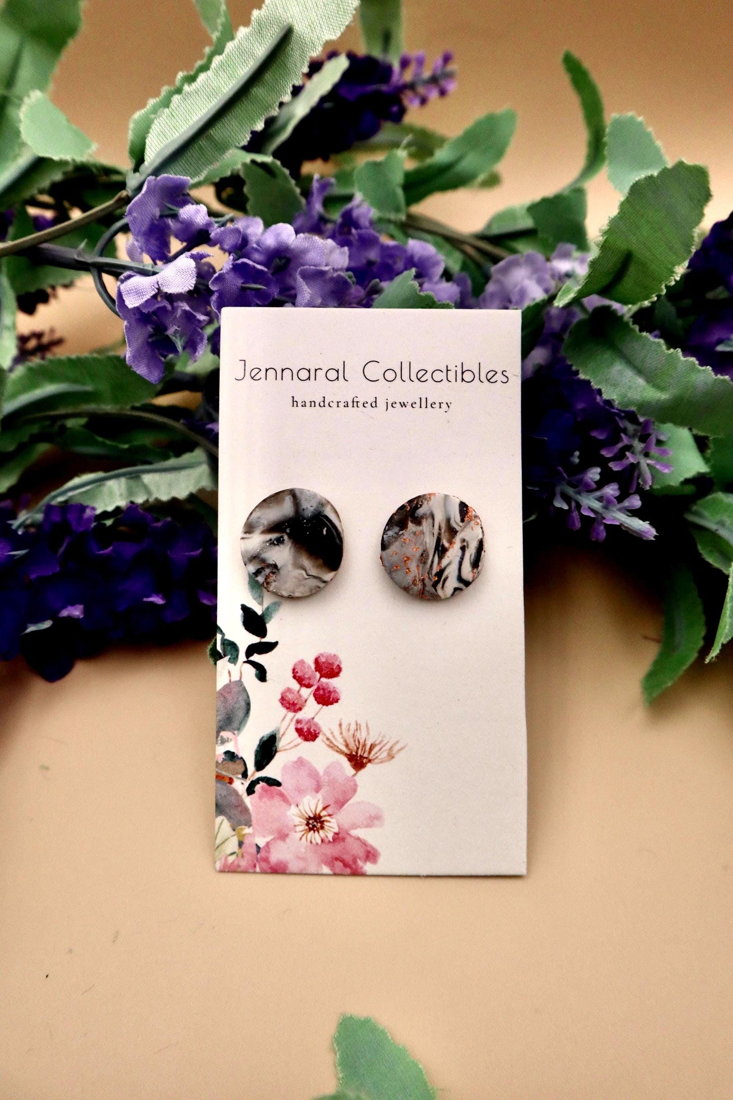 Black and White Round Marble Stud Earrings