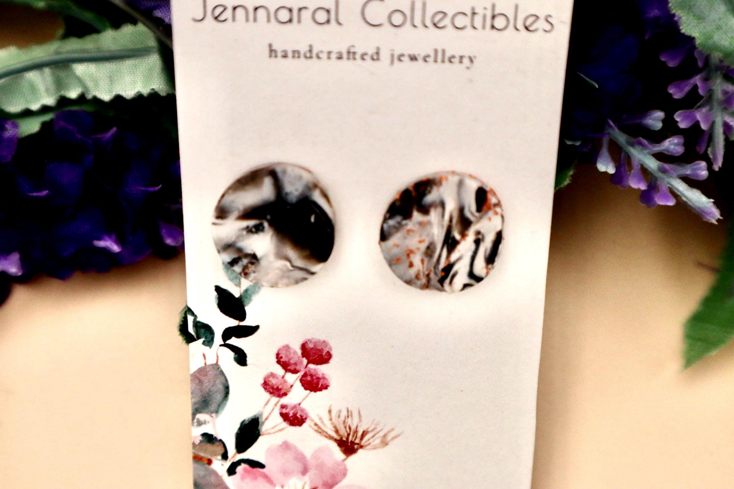 Black and White Round Marble Stud Earrings