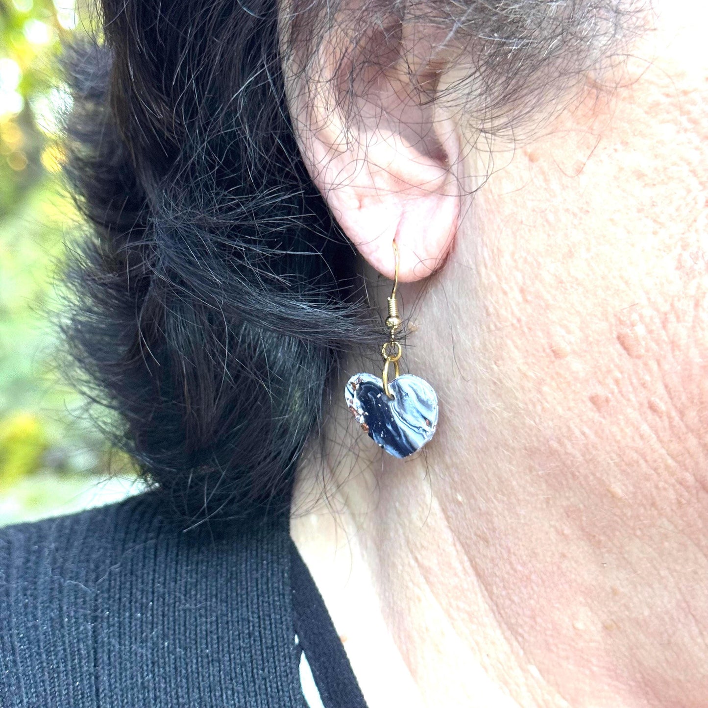 Black and White Striped Rose Gold Flakes Heart Shaped Marble Dangle Earrings