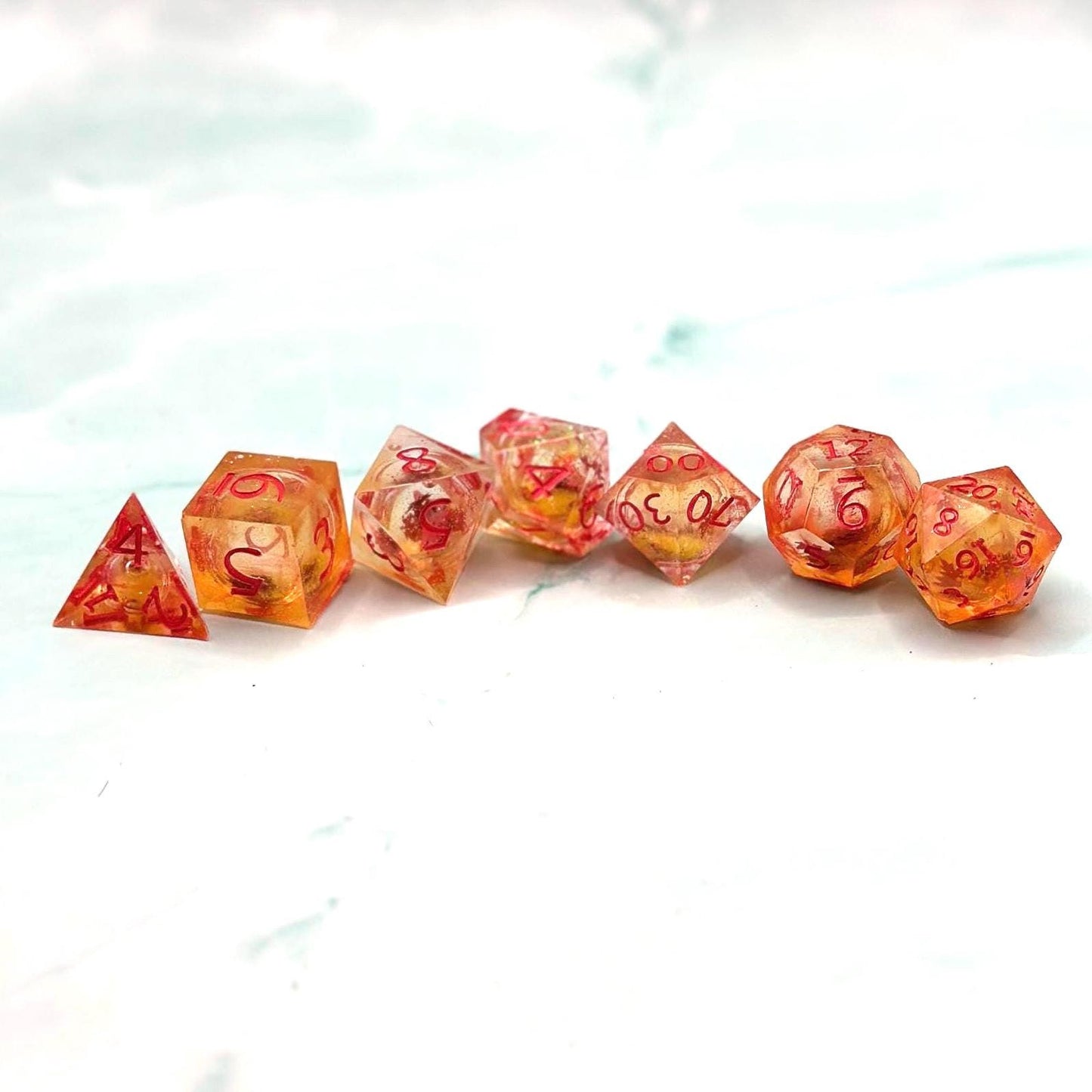 Orange Fall Foliage Liquid Core Dice Set: Sharp Edge Polyhedral DnD Dice