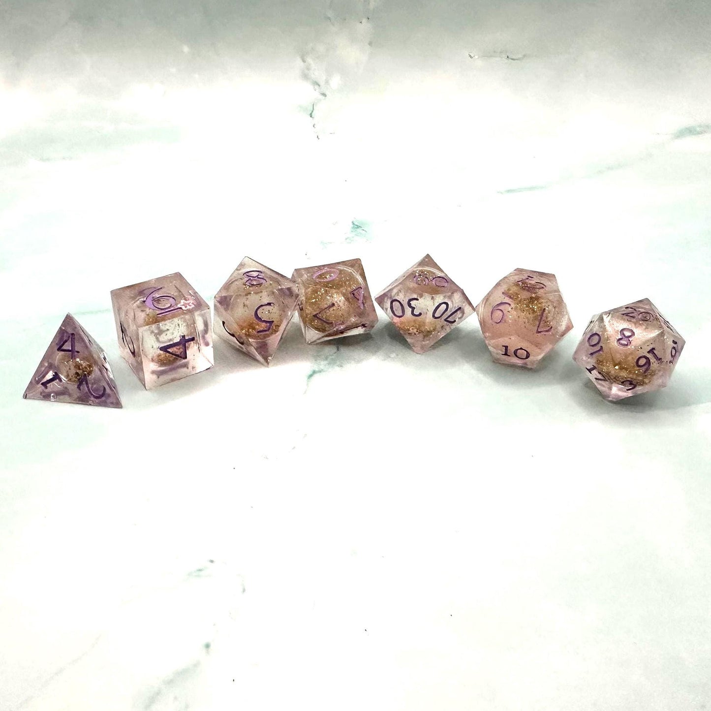 Handmade Light Purple and Gold Glitter Liquid Core DnD Dice Set