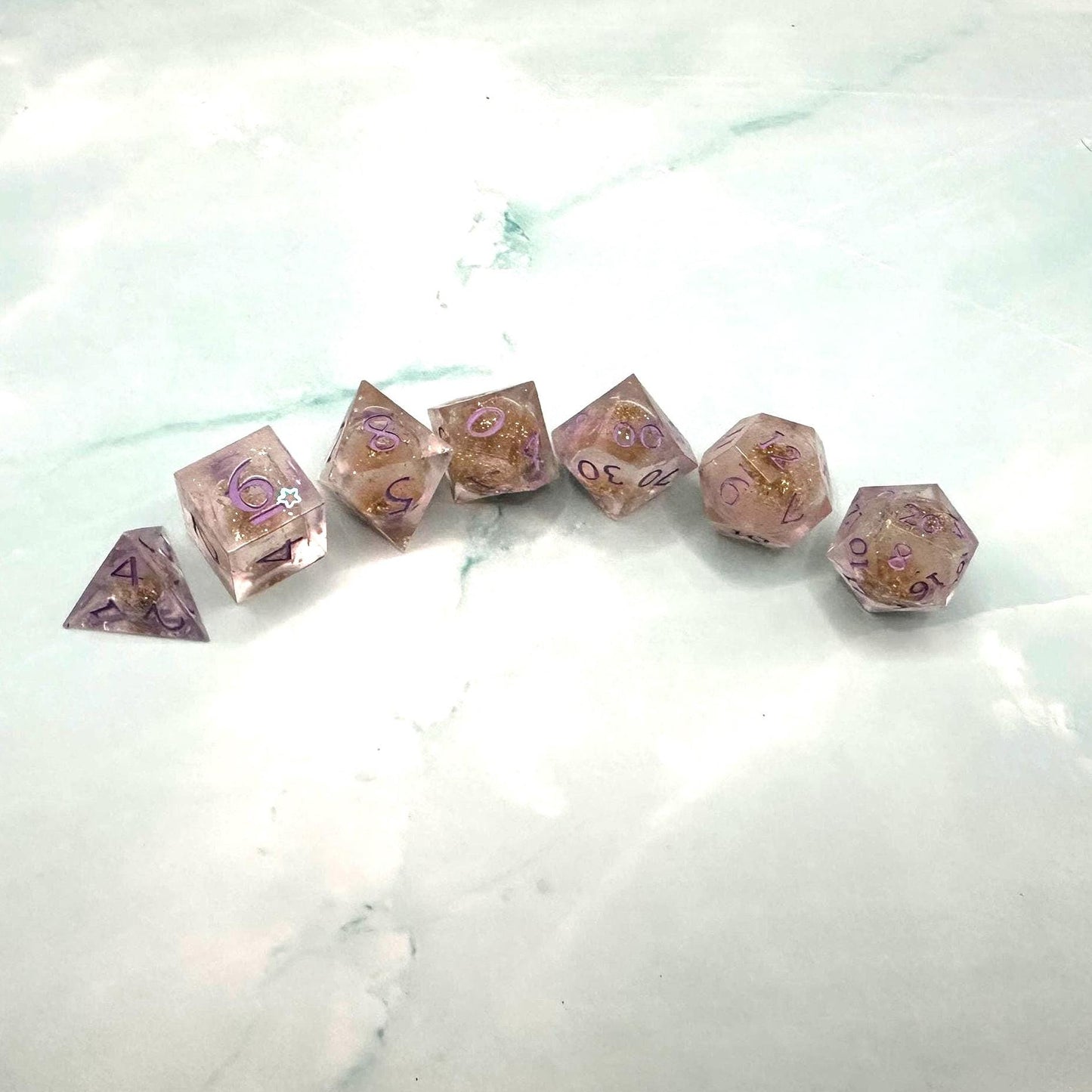 Handmade Light Purple and Gold Glitter Liquid Core DnD Dice Set