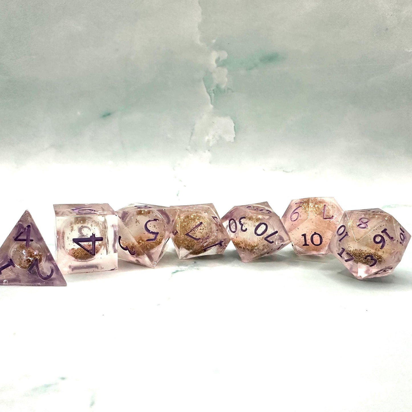 Handmade Light Purple and Gold Glitter Liquid Core DnD Dice Set